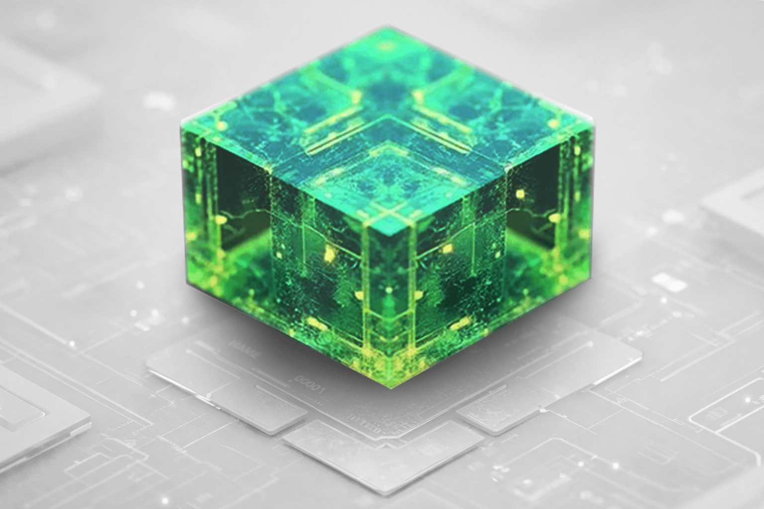 Glowing low-poly cube graphic representing Yukosa's AI-native technology