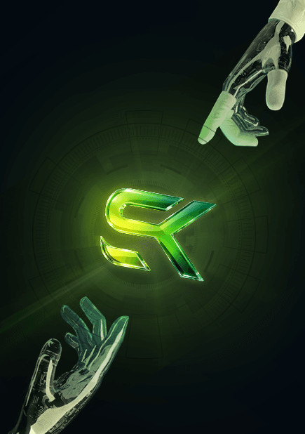 Glowing Yukosa Y logo illuminated between two robotic hands, symbolizing AI innovation