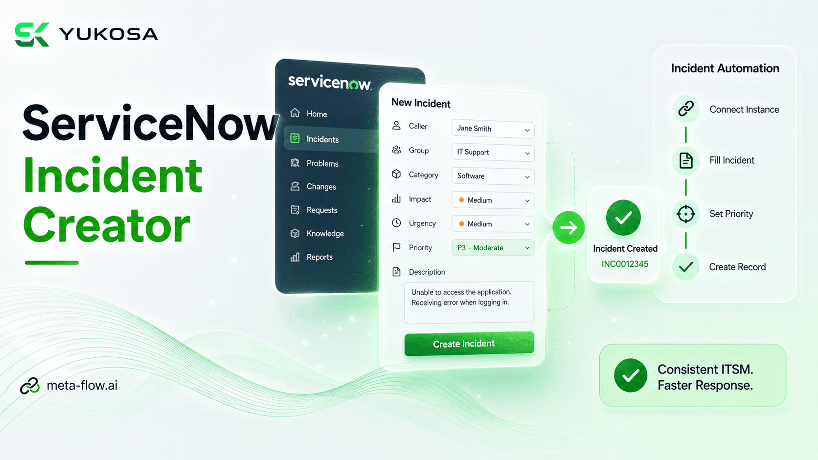 meta-flow.ai ServiceNow Create Incident activity configuring incident details