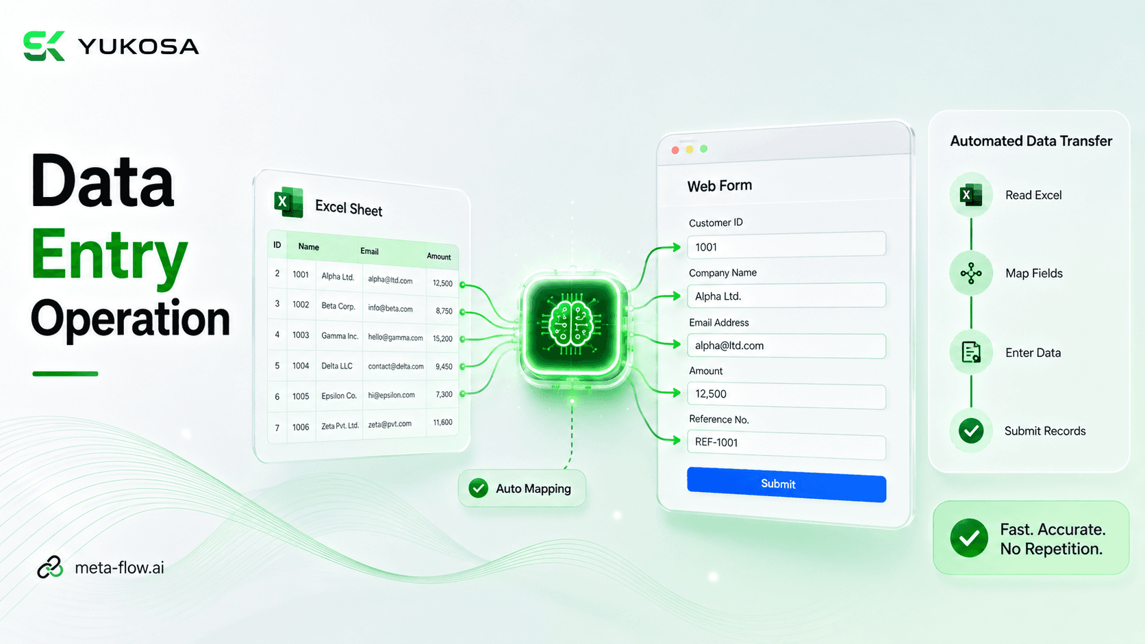 meta-flow.ai Data Entry Operation mapping Excel fields to a web application form