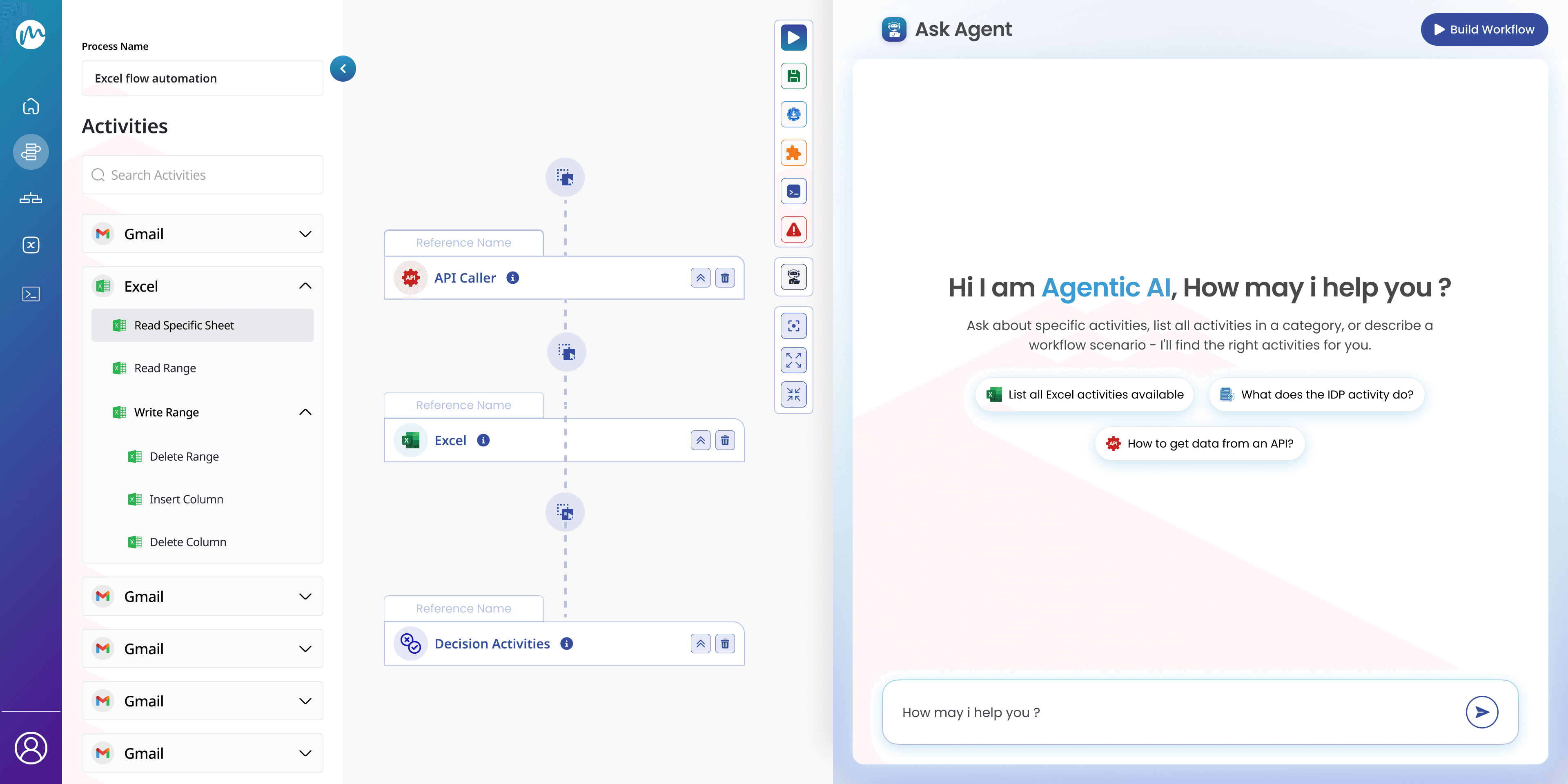 meta-flow.ai workflow builder alongside its AI agent chat panel