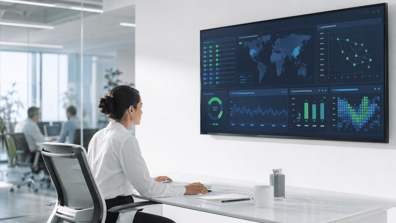 Futuristic dashboard showing suspicious transaction patterns flagged for compliance review