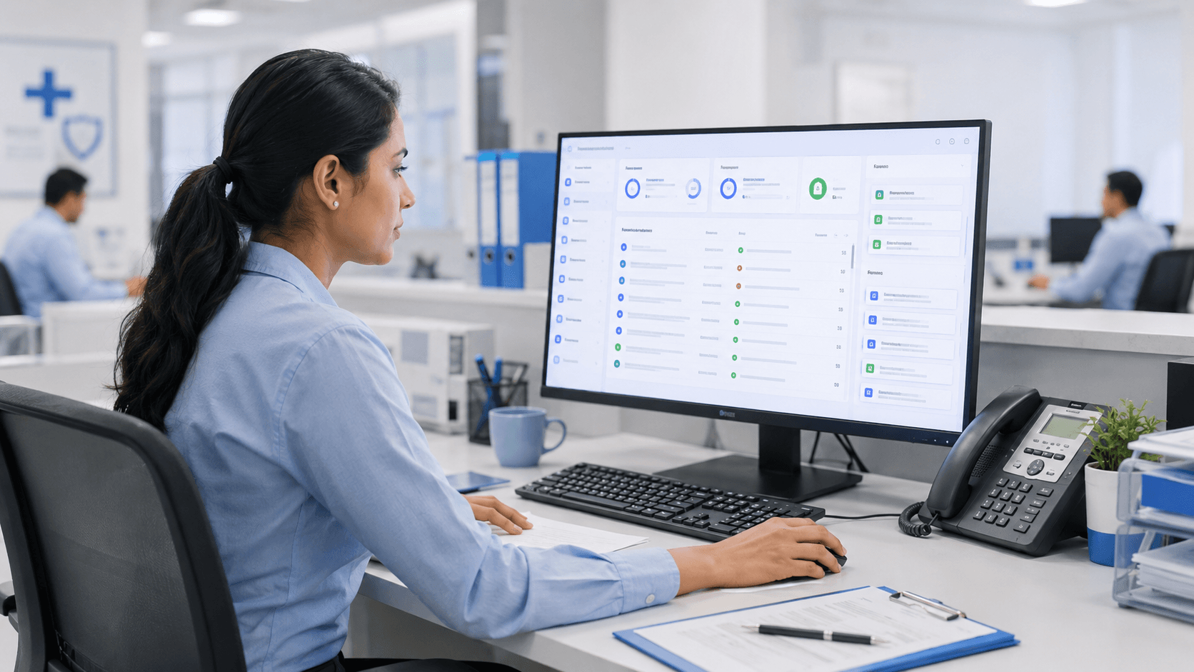 Futuristic dashboard showing inbound TPA emails being classified and routed to claims and escalation teams