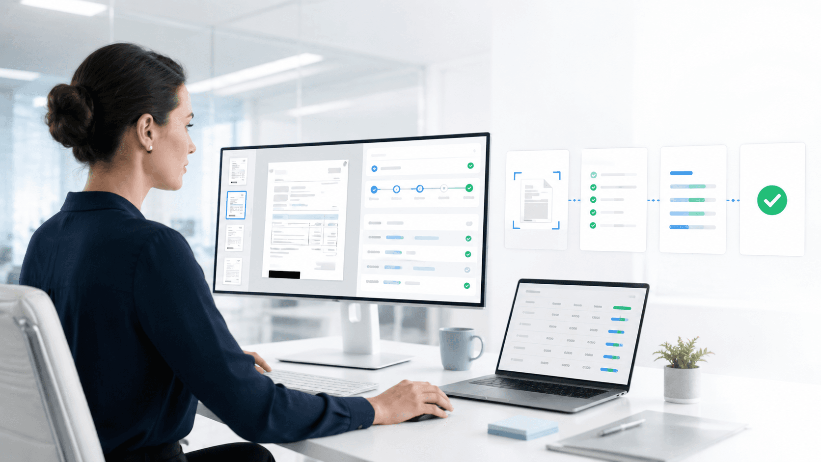 Futuristic holographic interface showing an invoice being processed with extracted line items, validation checks, and a 98% match confidence score