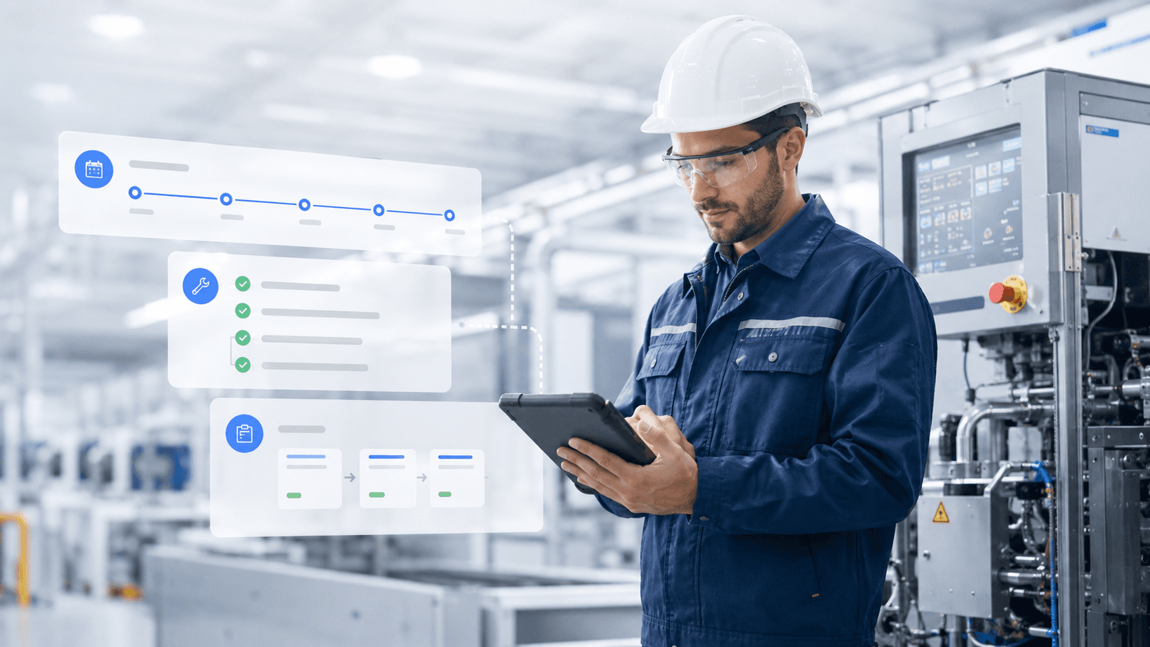 Futuristic dashboard showing a preventive maintenance work order being generated and assigned to a technician