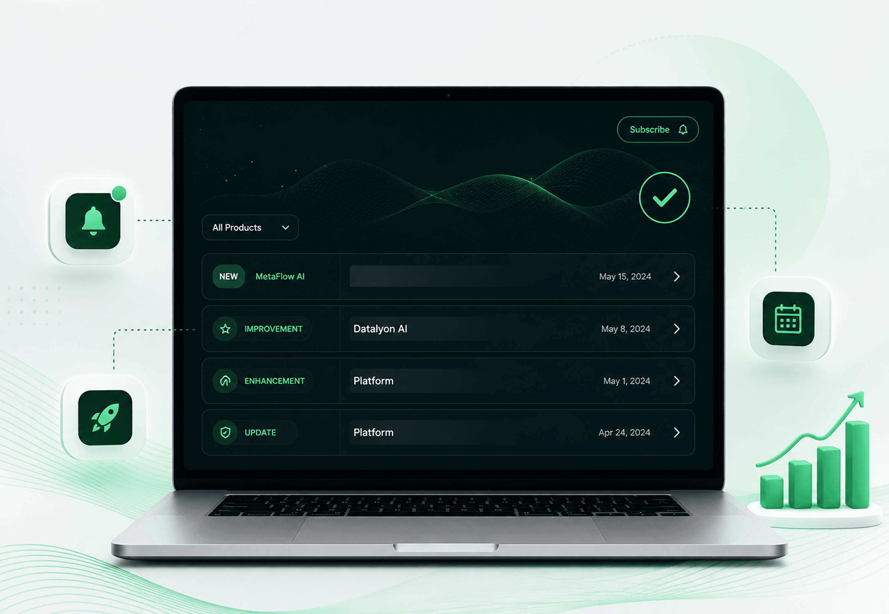 Version 2.4 badge connected by lines to four floating labels: AI Workflow Builder, Faster Processing, Security Upgrades, and New Integrations, over a soft green glow